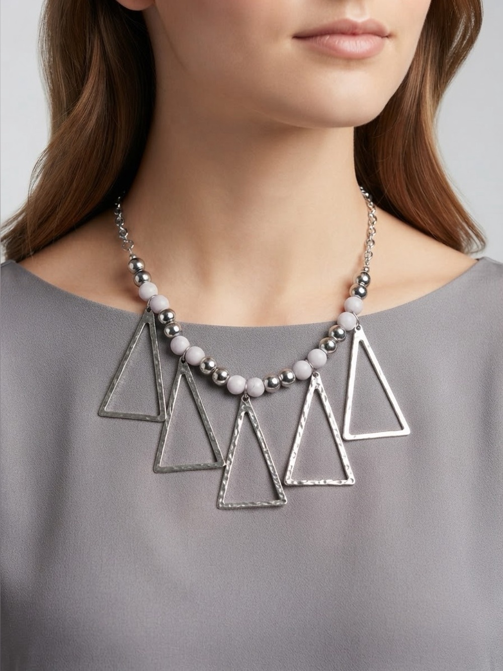 Geometric Hammered Silver Collar Necklace | Fringe Statement Necklace